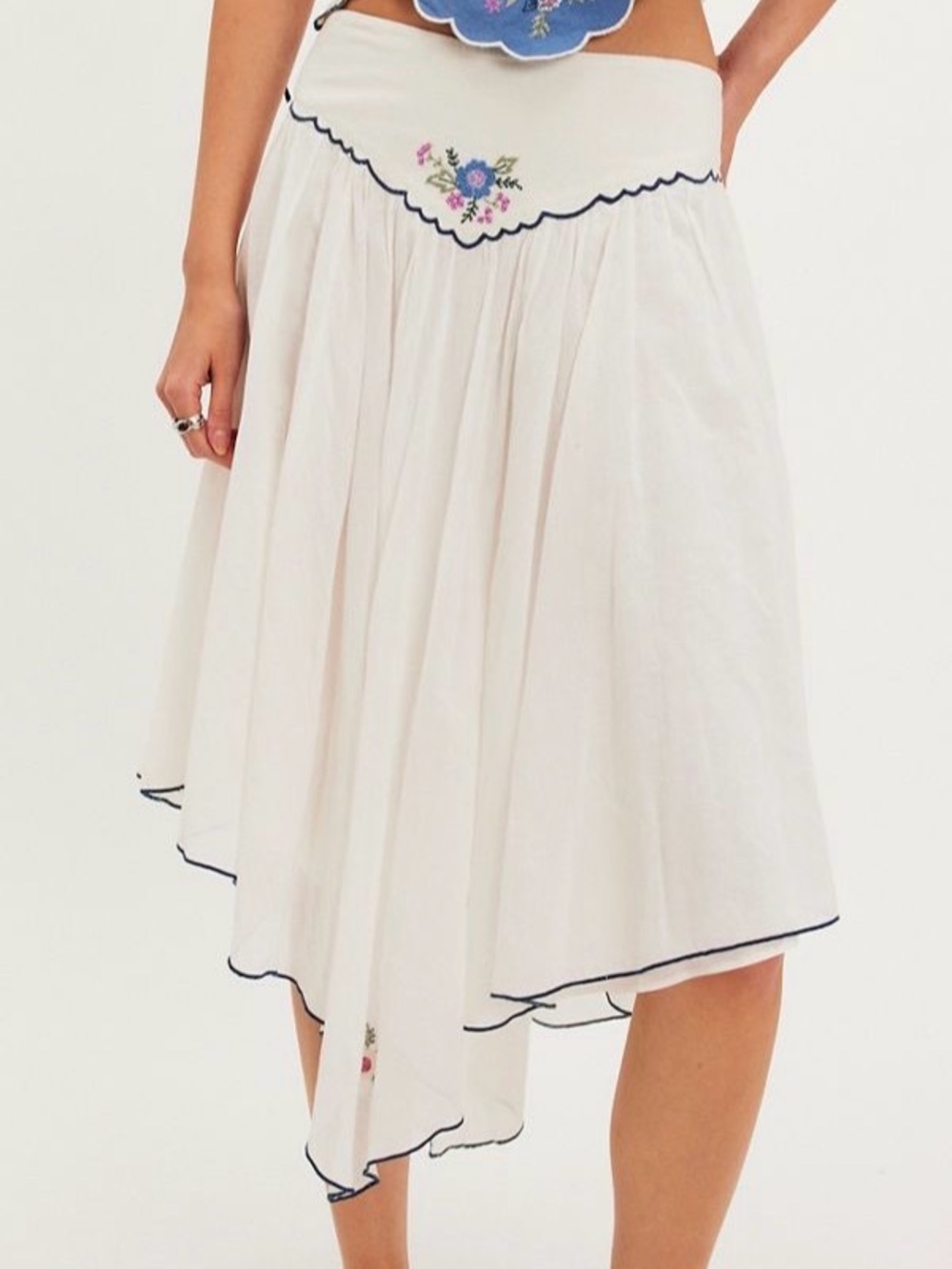 Free People Sacred Heart White Midi Embroidered Asymmetrical Skirt